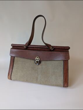 Vintage Brown Leather & Tan Canvas Handbag